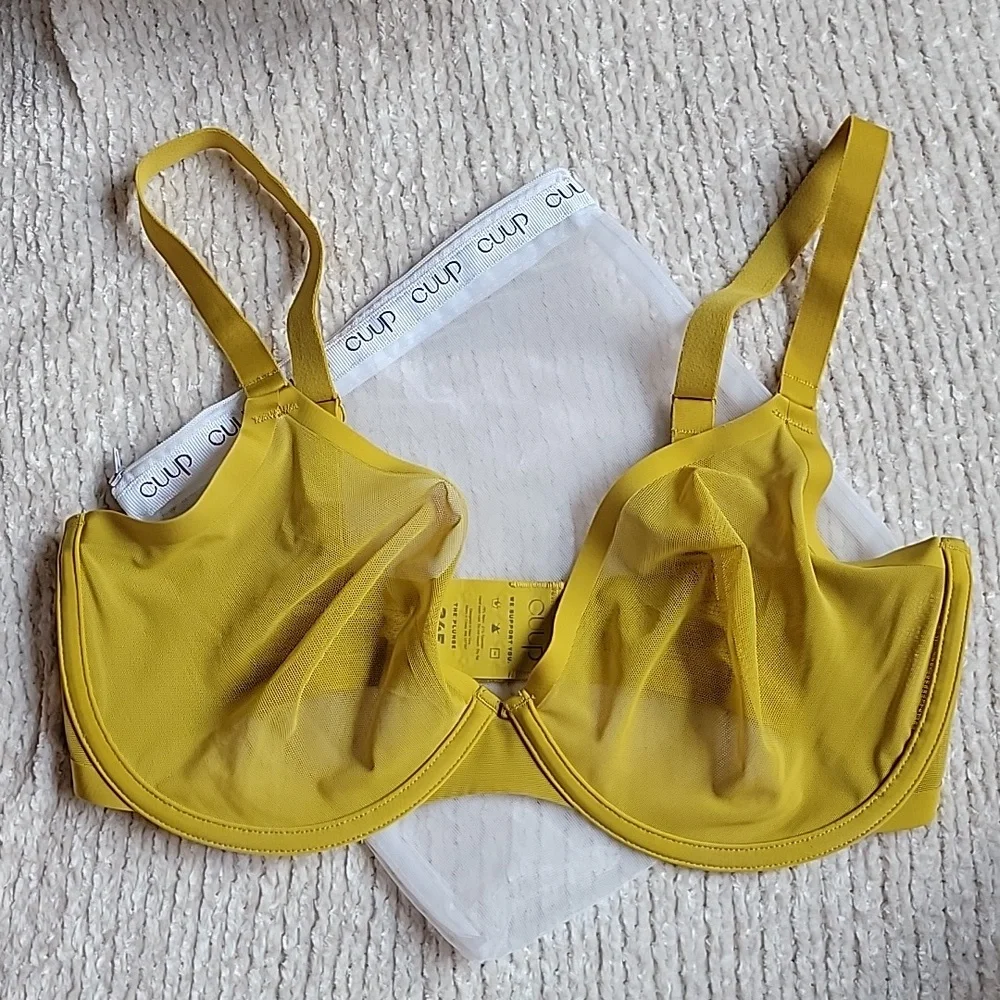 💗  CUUP The Plunge Mesh Underwire UW Bra Yellow Sun 34F 34DDD New - Picture 2 of 10
